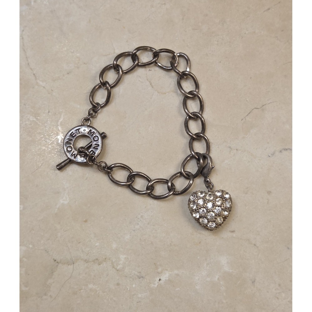 Vintage Monet Toggle Clasp‎ Charm Bracelet w/ Pave Heart Charm 7" Signed